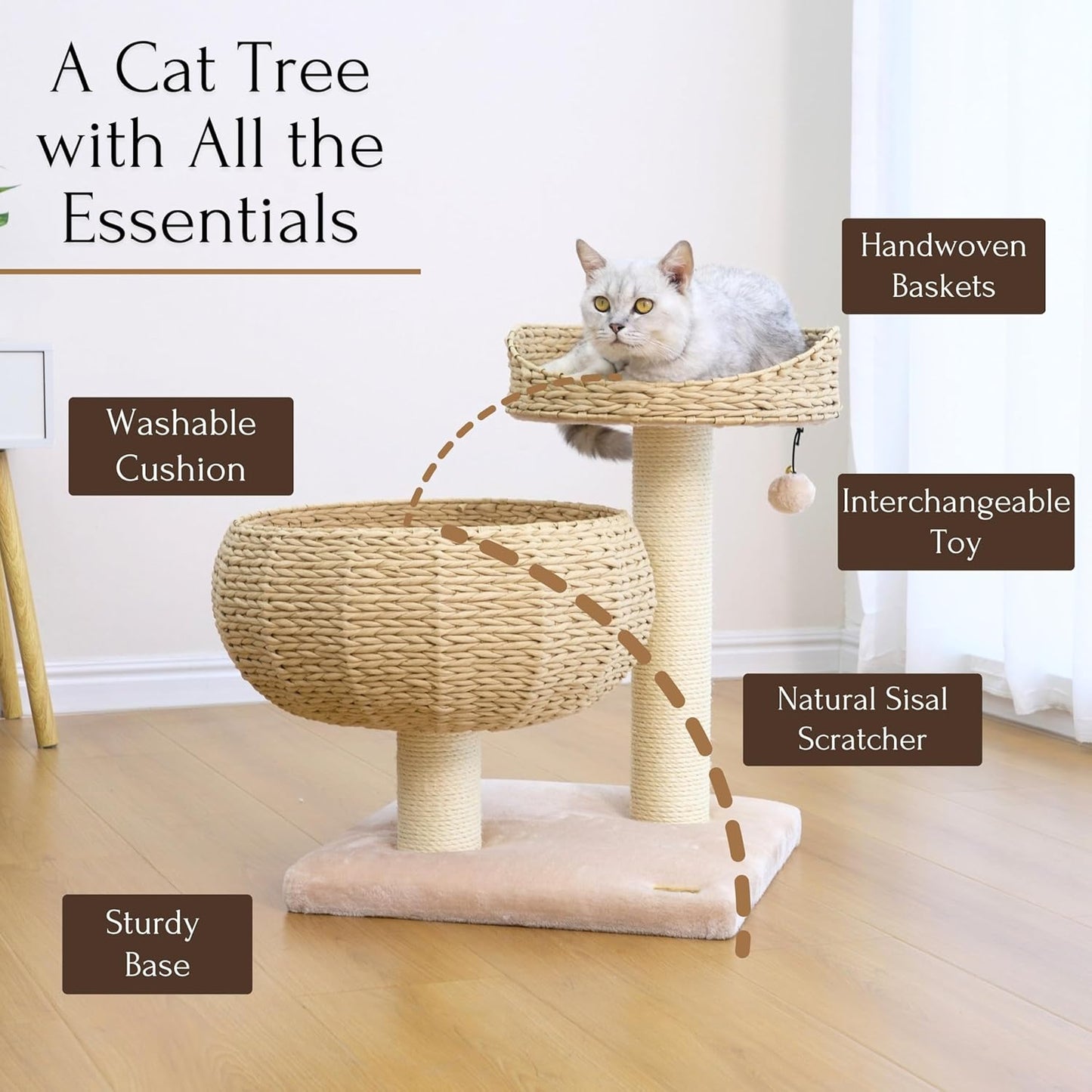 Velvetail™ CozyPerch – Eco-Friendly Paper Rope Cat Tree with Bowl Bed & Scratching Posts