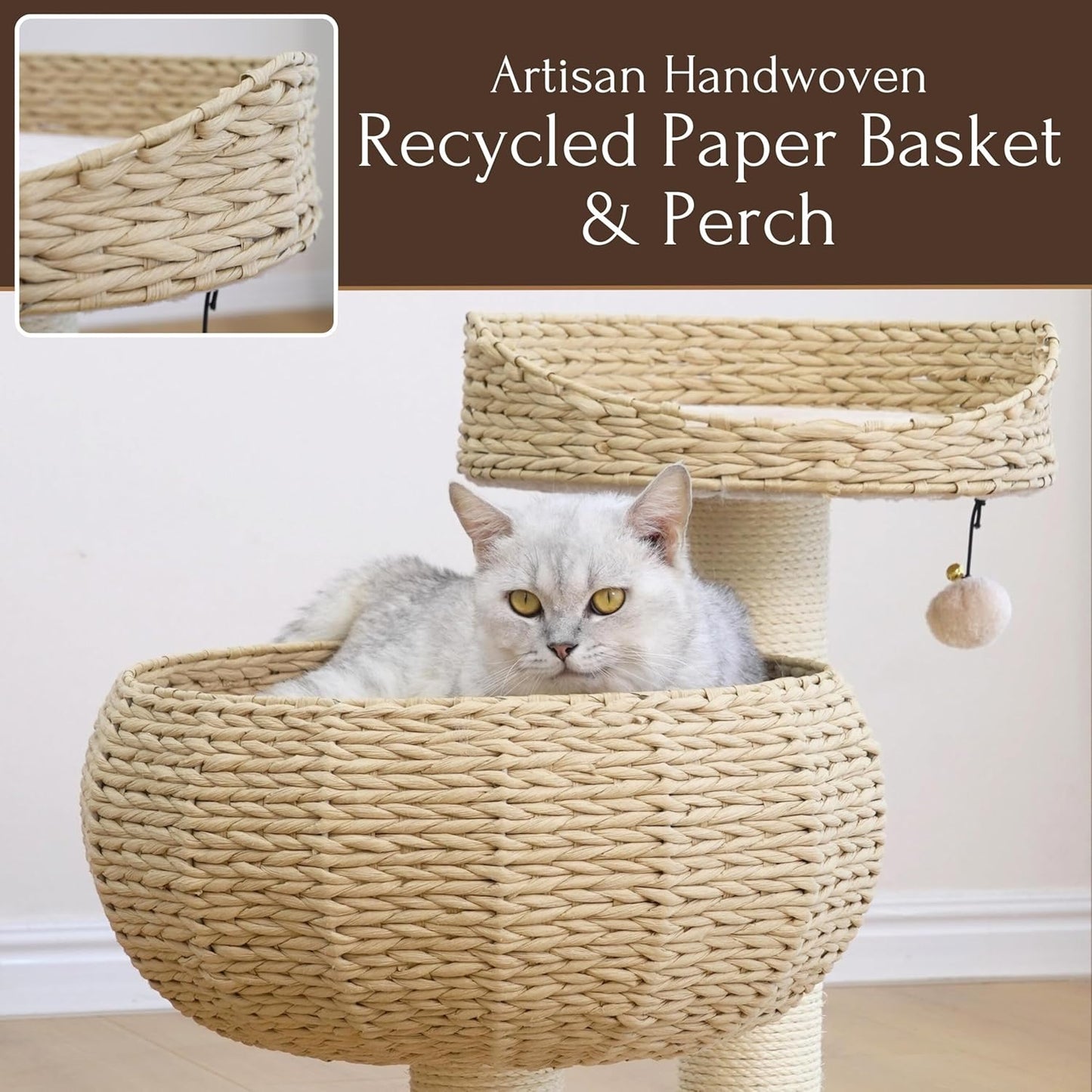 Velvetail™ CozyPerch – Eco-Friendly Paper Rope Cat Tree with Bowl Bed & Scratching Posts